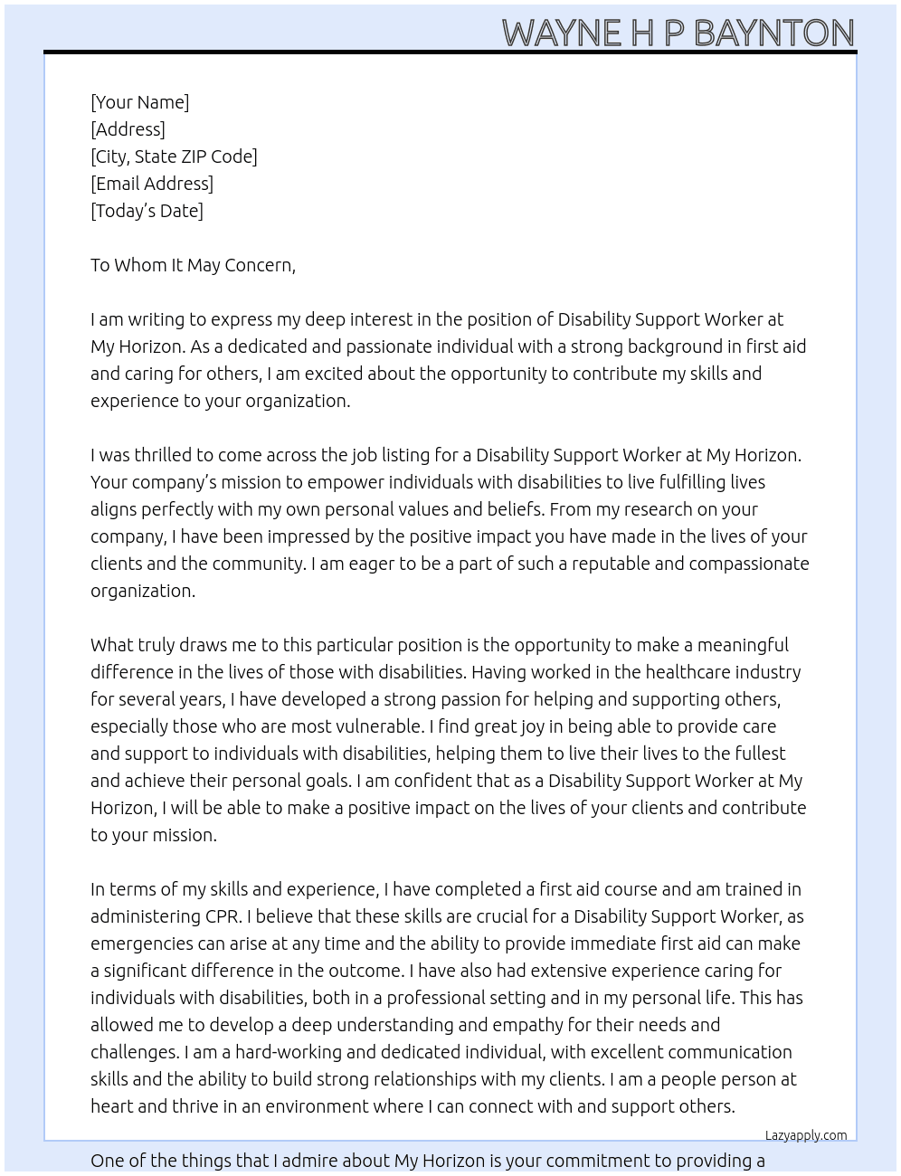 Disability support worker At My horizon  Cover Letter