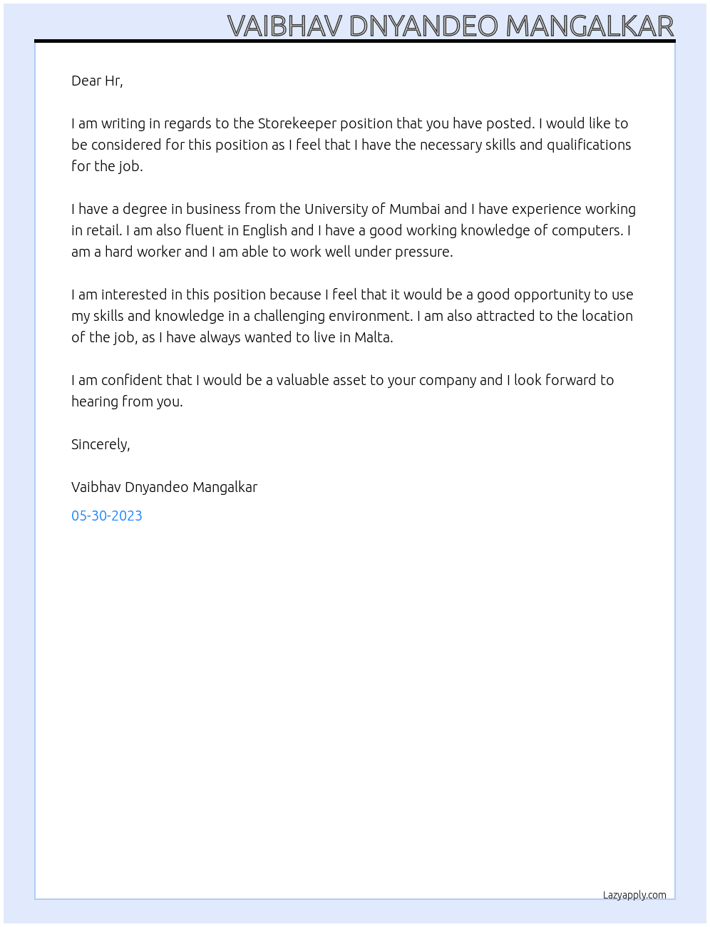 Storekiper  At Htc compny Cover Letter
