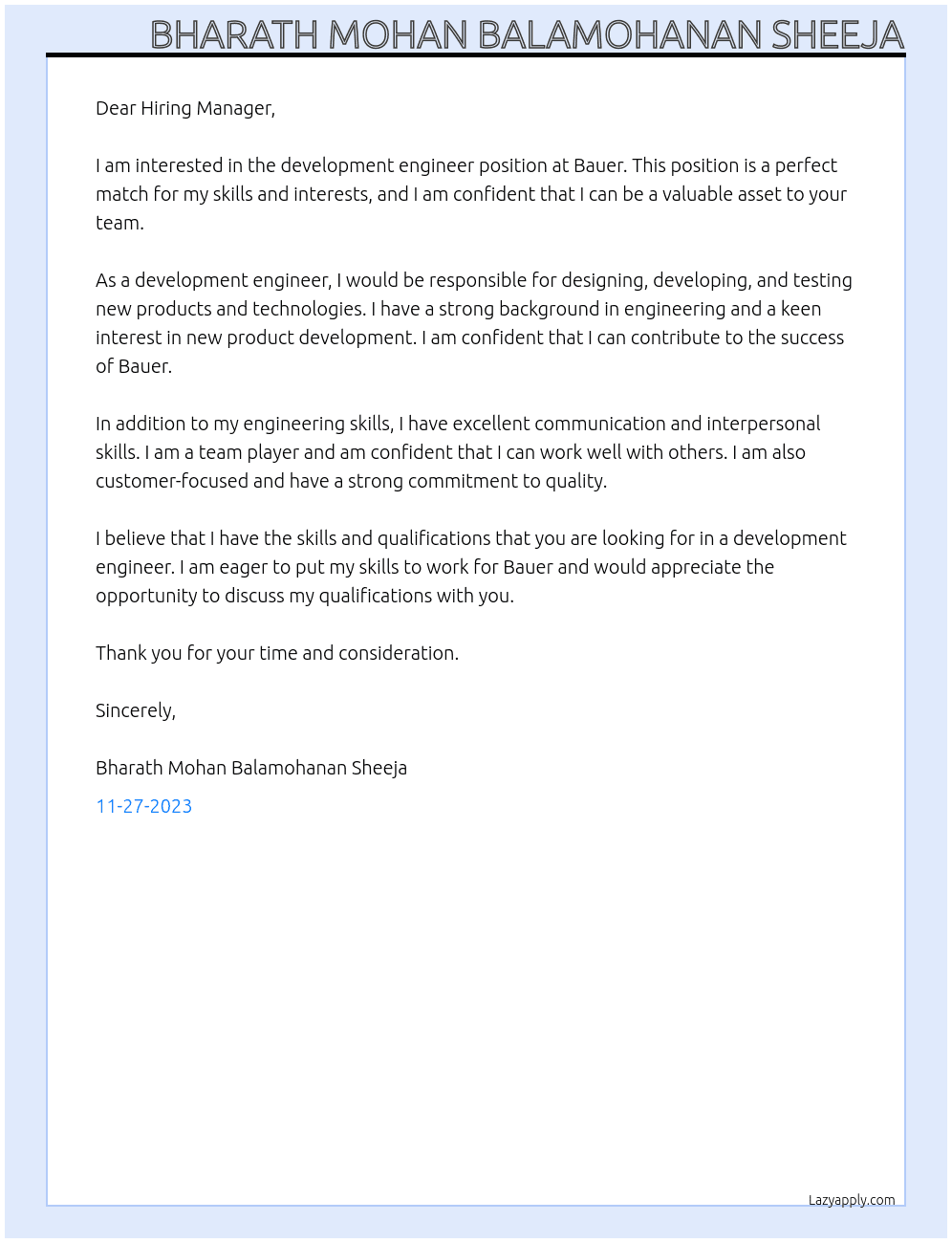 development engineer At Bauer Cover Letter