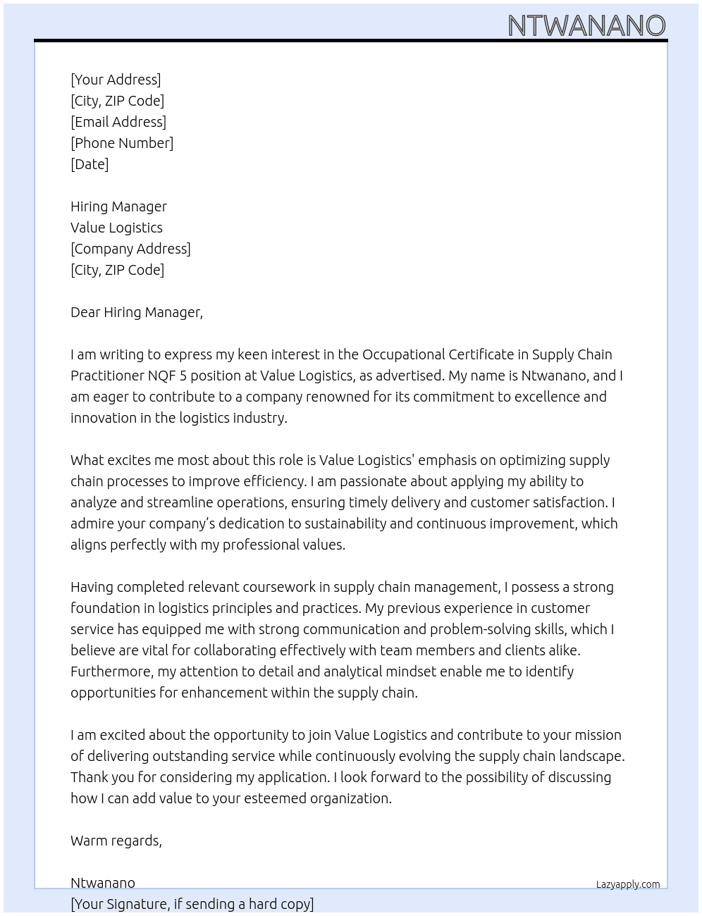 Occupational Certificate in Supply Chain Practitioner NQF 5 At Value logistics Cover Letter