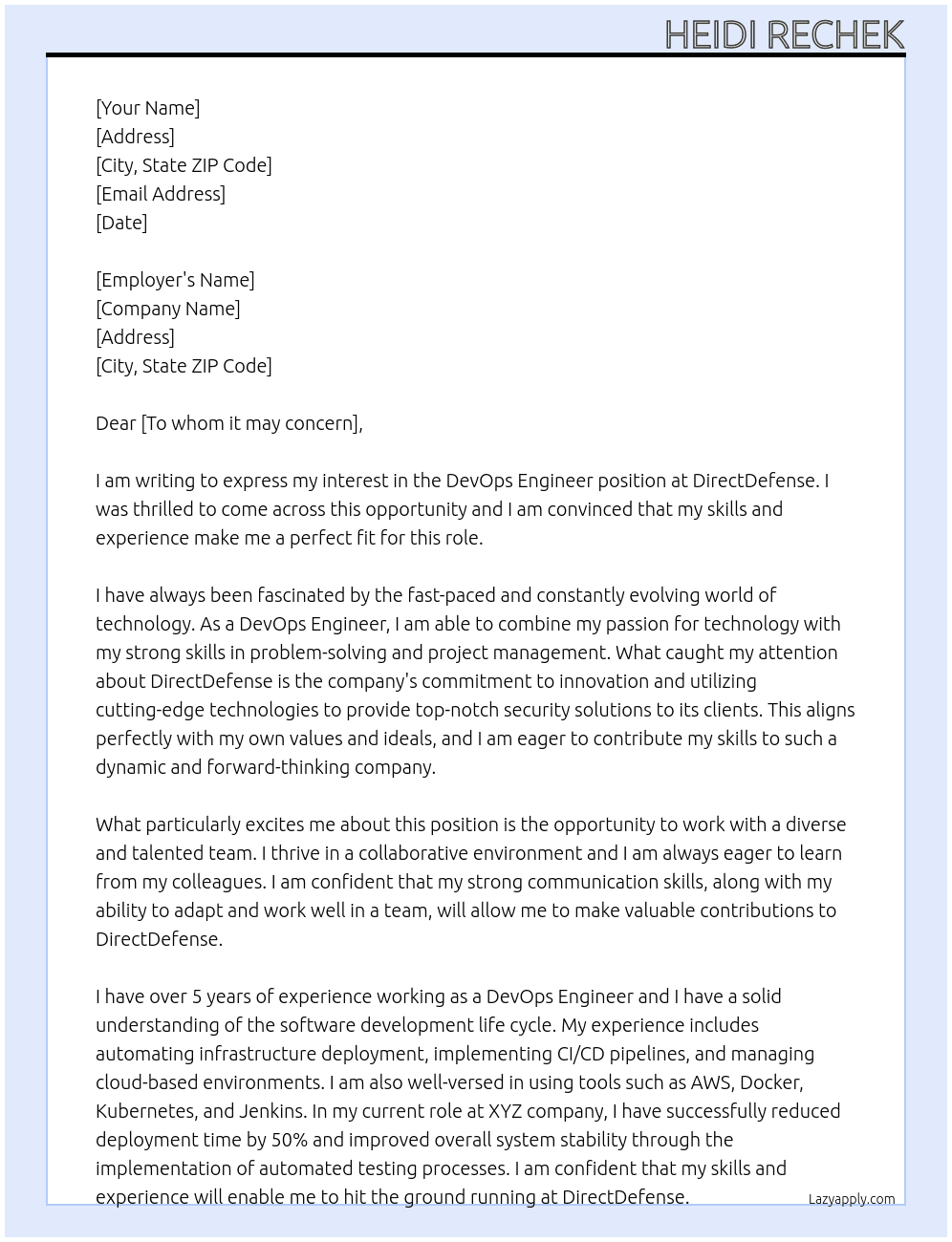 DevOps Engineer At  DirectDefense Cover Letter