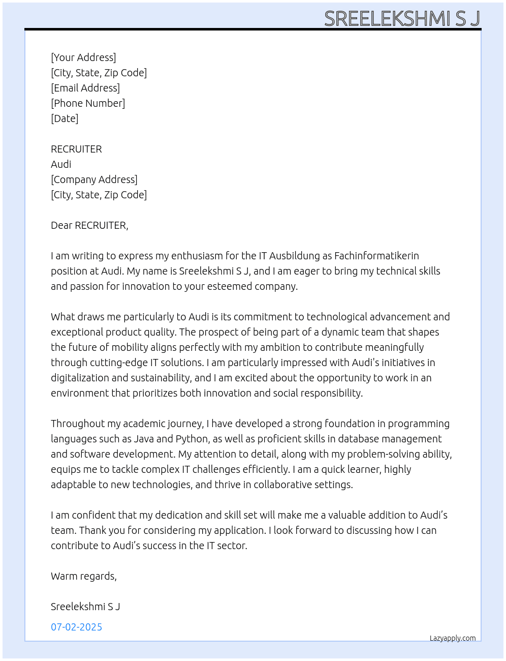 it ausbildung as fachinfomatikerin At Audi Cover Letter