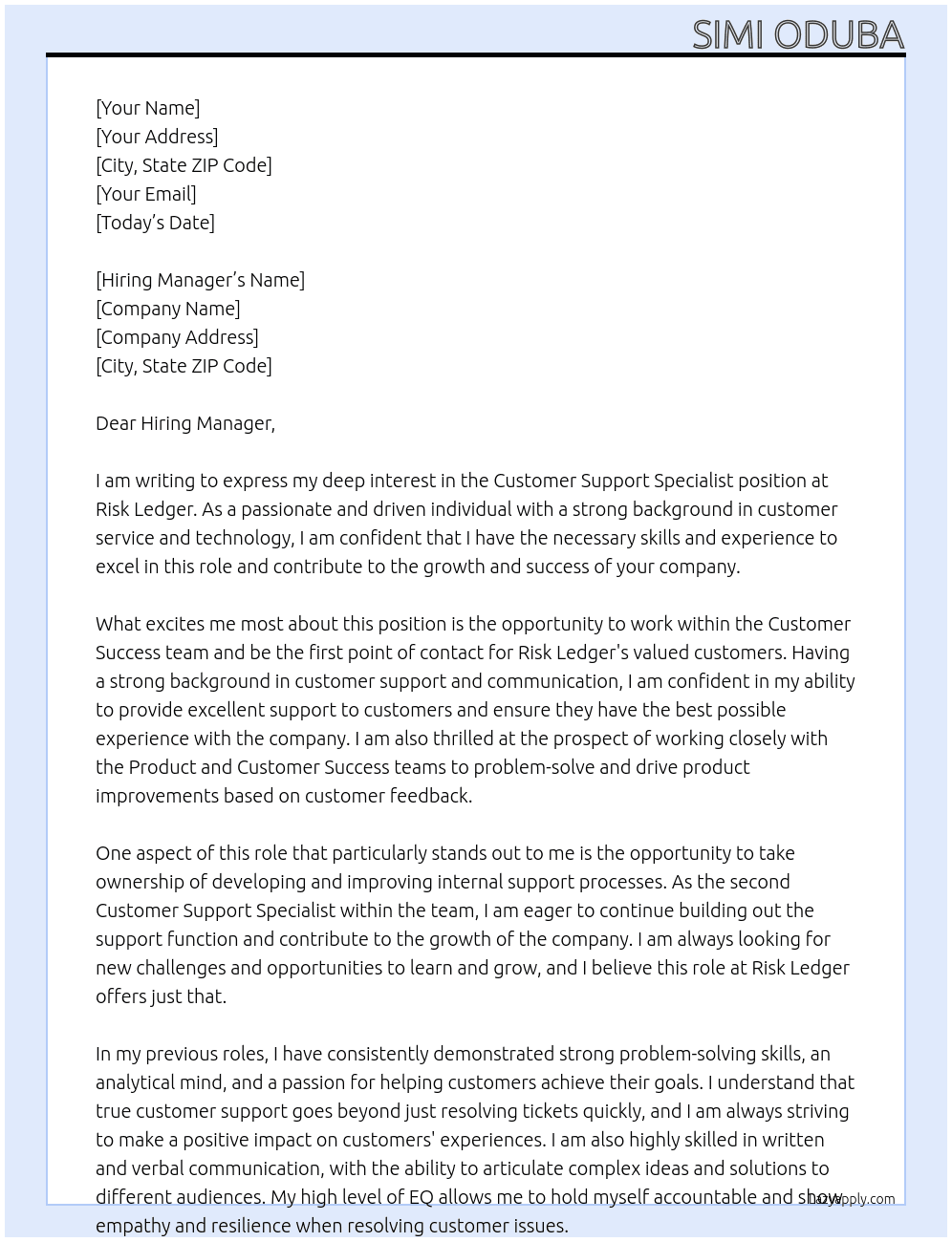 Customer Support Specialist At Risk Ledger Cover Letter