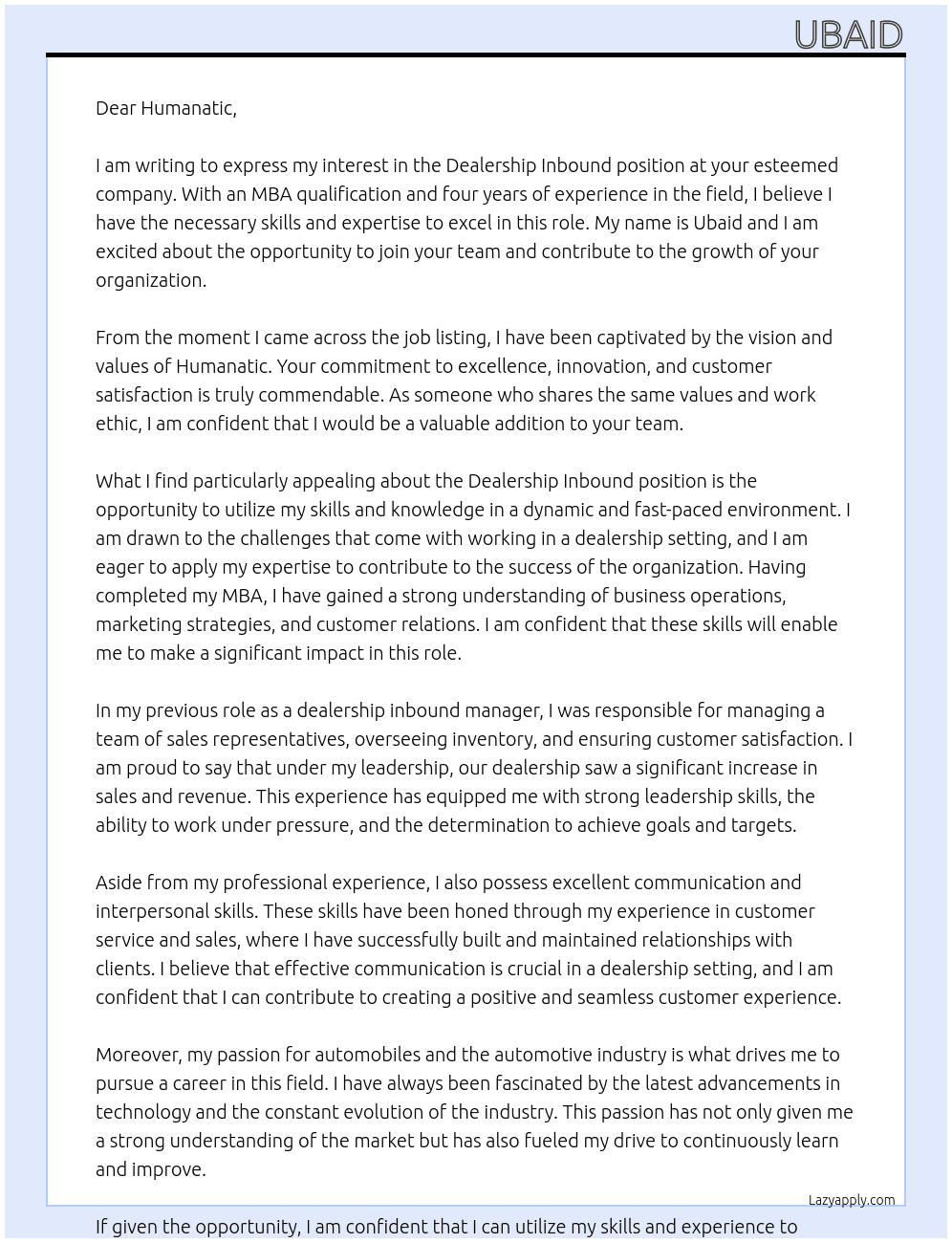 Dealership inbound previous MBA qualification 4 year experience At Humanatic Cover Letter
