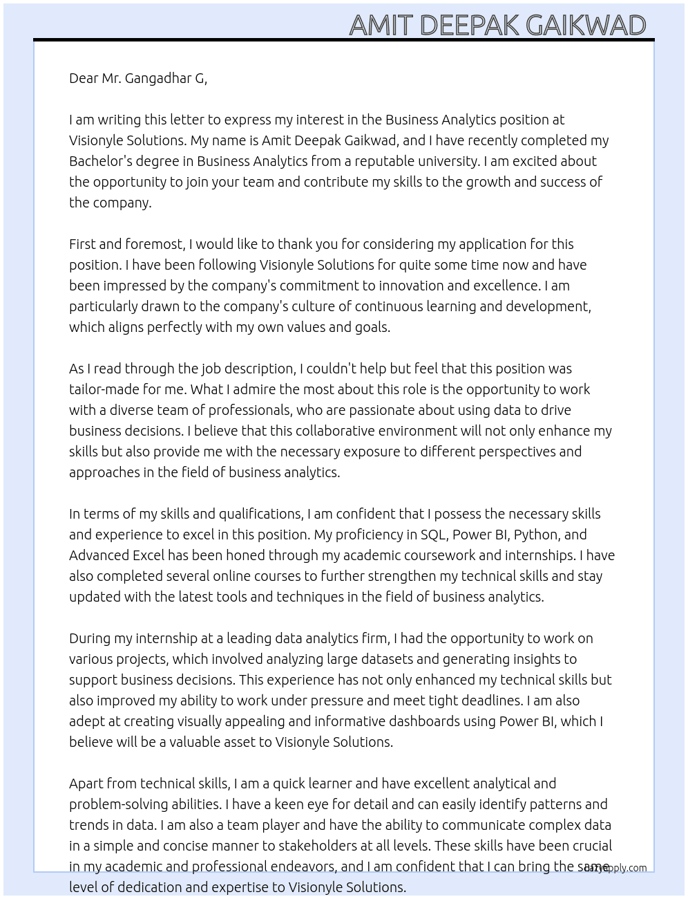 Business Analytics  At Visionyle Solutions  Cover Letter