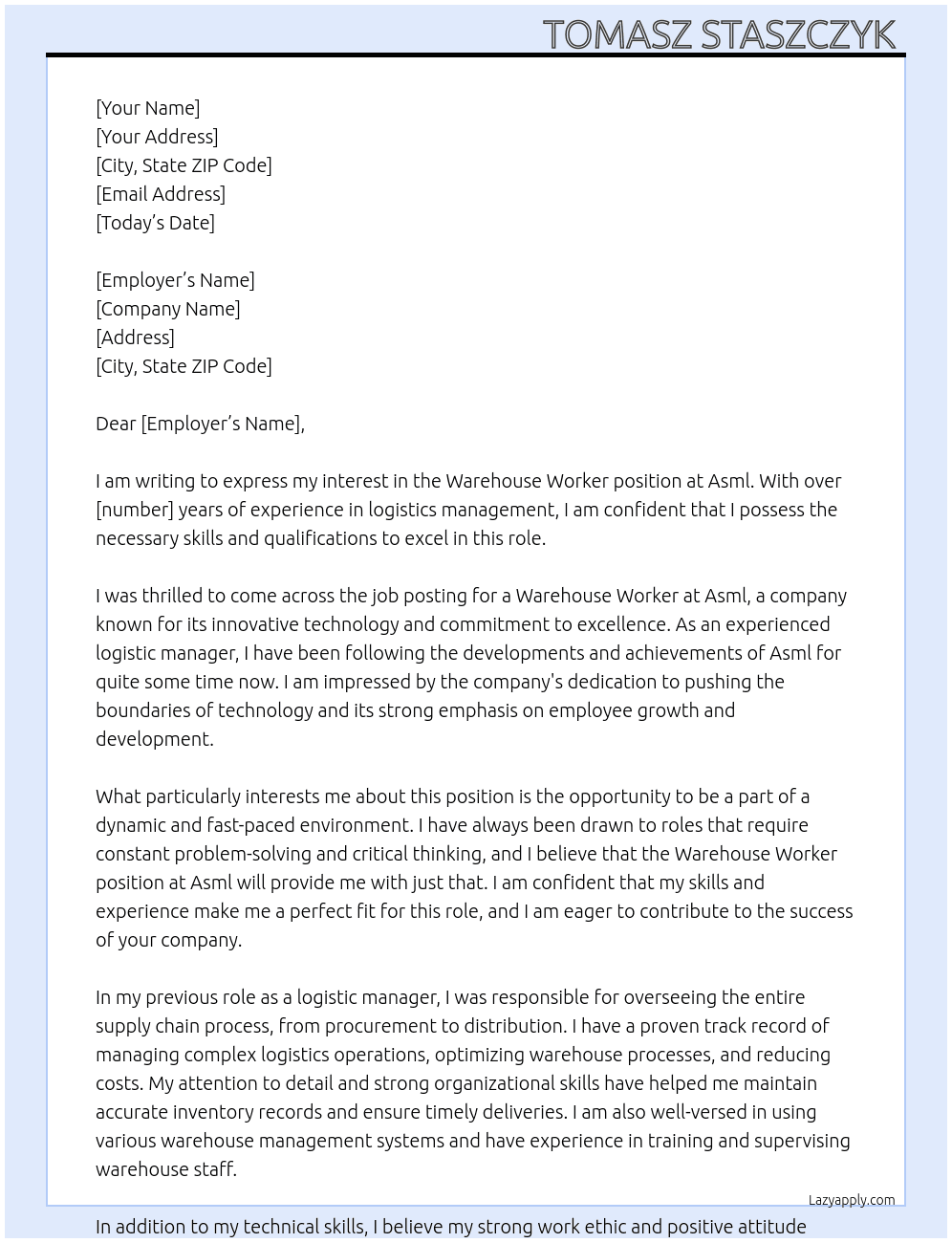 Wearhouse worker At Asml Cover Letter
