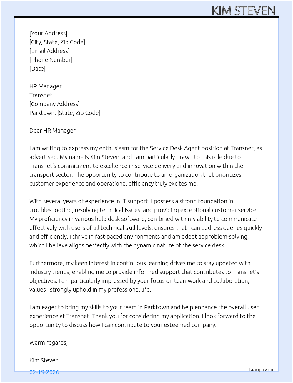 Cover letter for service desk agent - LazyApply