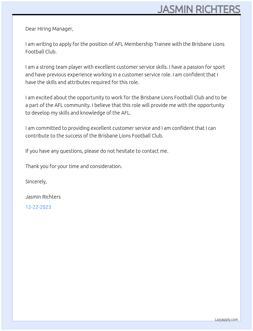 AFL memership trainee At Brisbane Lions Football Club Cover Letter