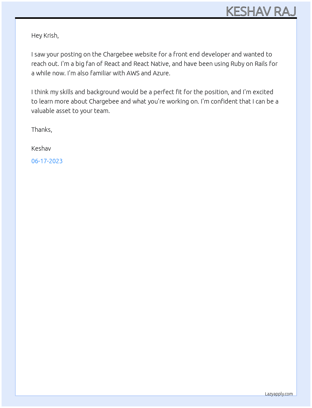 Front end developer At Chargebee Cover Letter