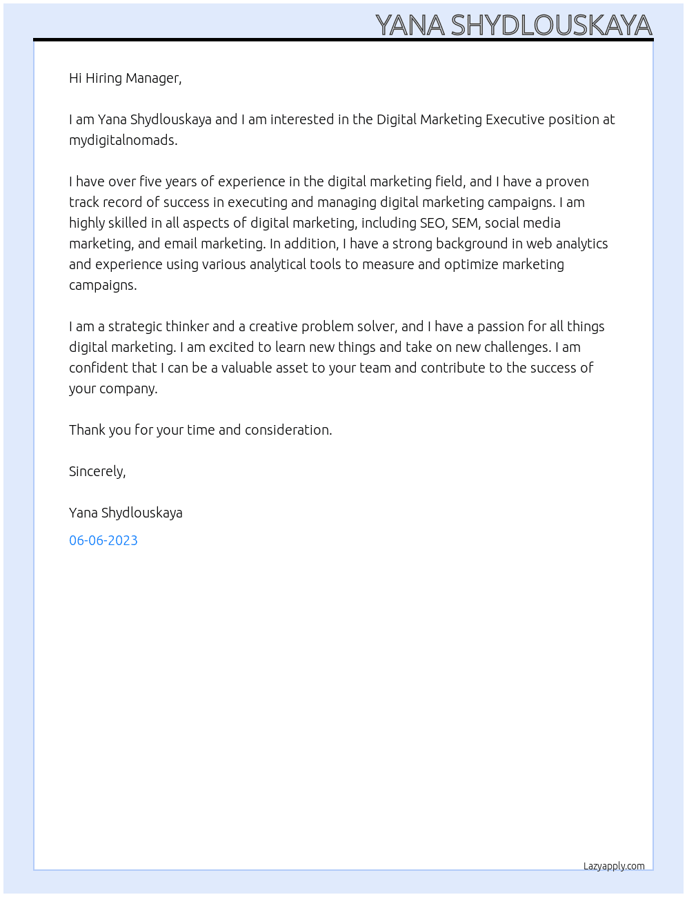 Digital Marketing Executive At mydigitalnomads Cover Letter