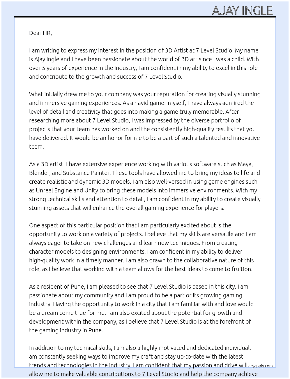 3d artist  At 7 level studio  Cover Letter