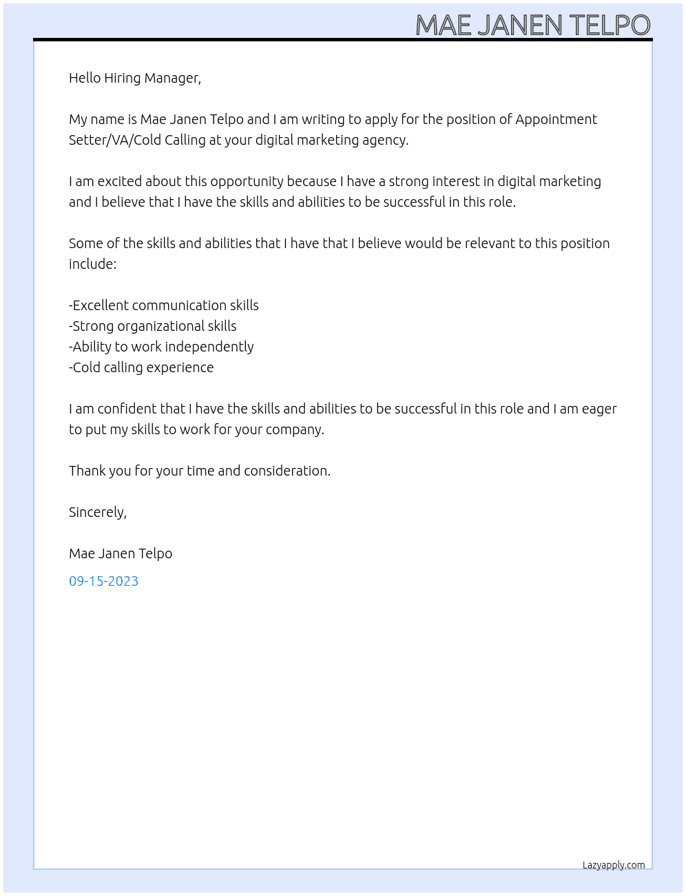 appointment setter/va/cold calling At digital marketing agency Cover Letter