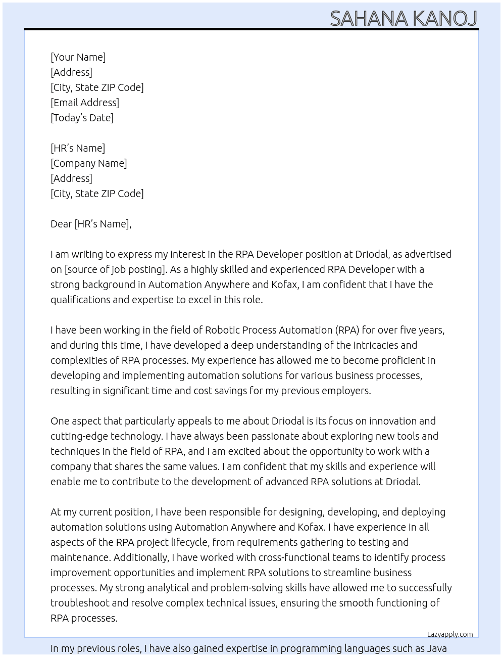RPA DEVELOPER  At Driodal Cover Letter