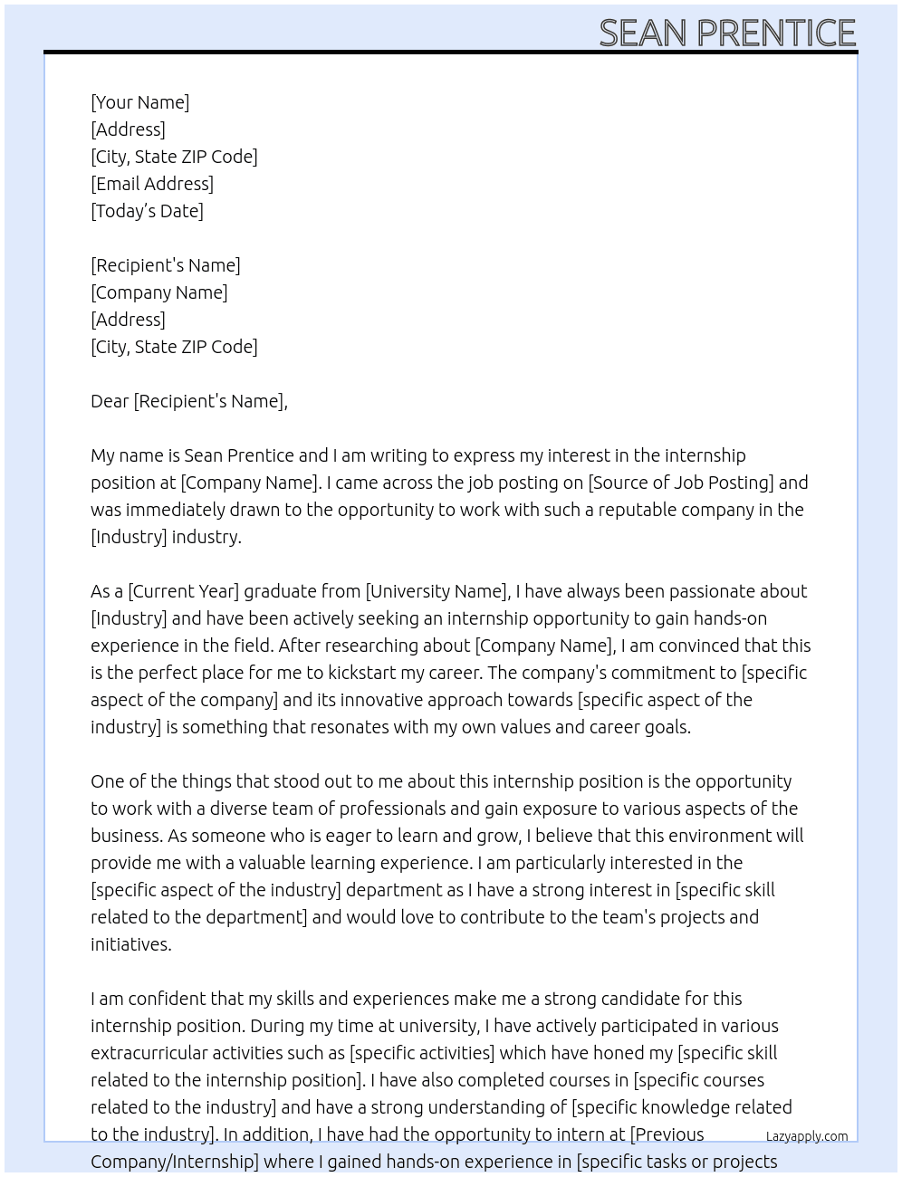 Internship At Sean Prentice Cover Letter