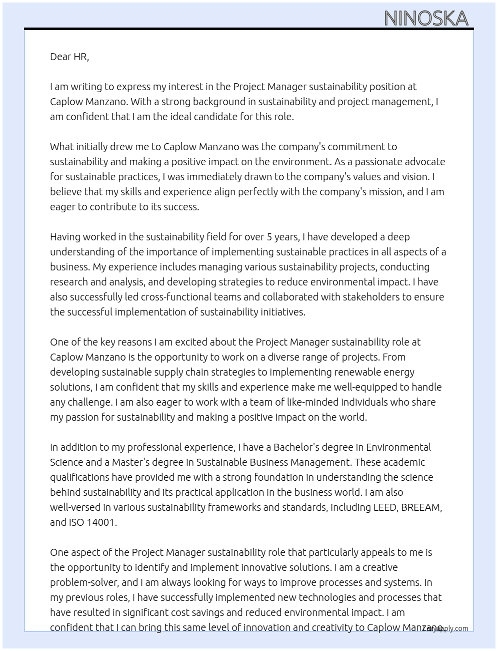 Project Manager sustainability At Caplow Manzano Cover Letter