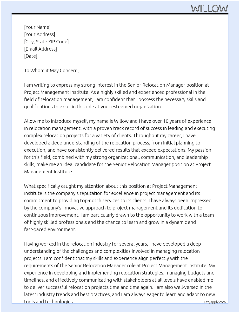 Senior Relocation Manager At Project Managment Institute Cover Letter