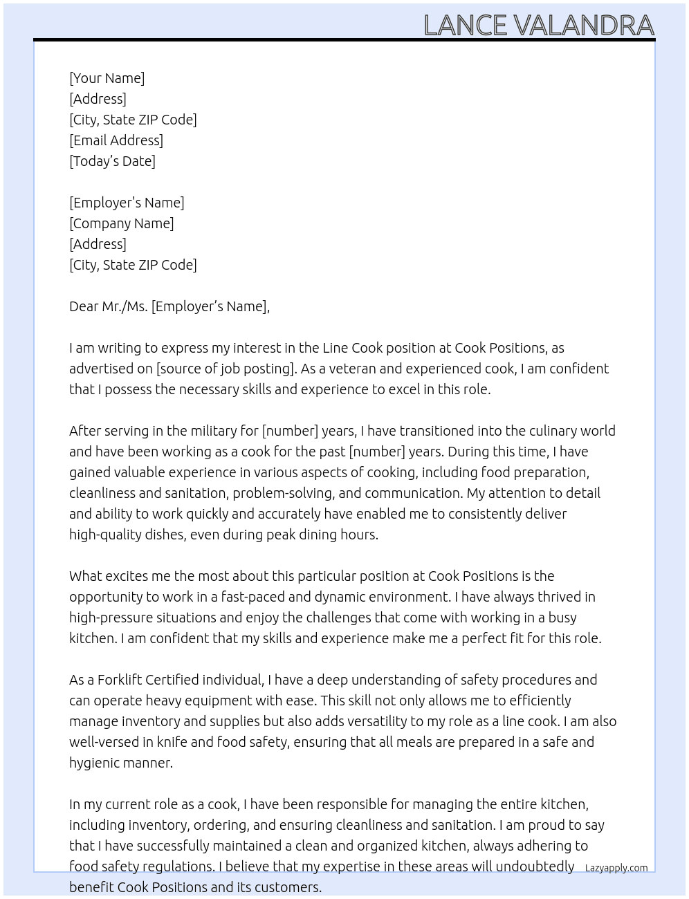 Line Cook At Cook positions Cover Letter