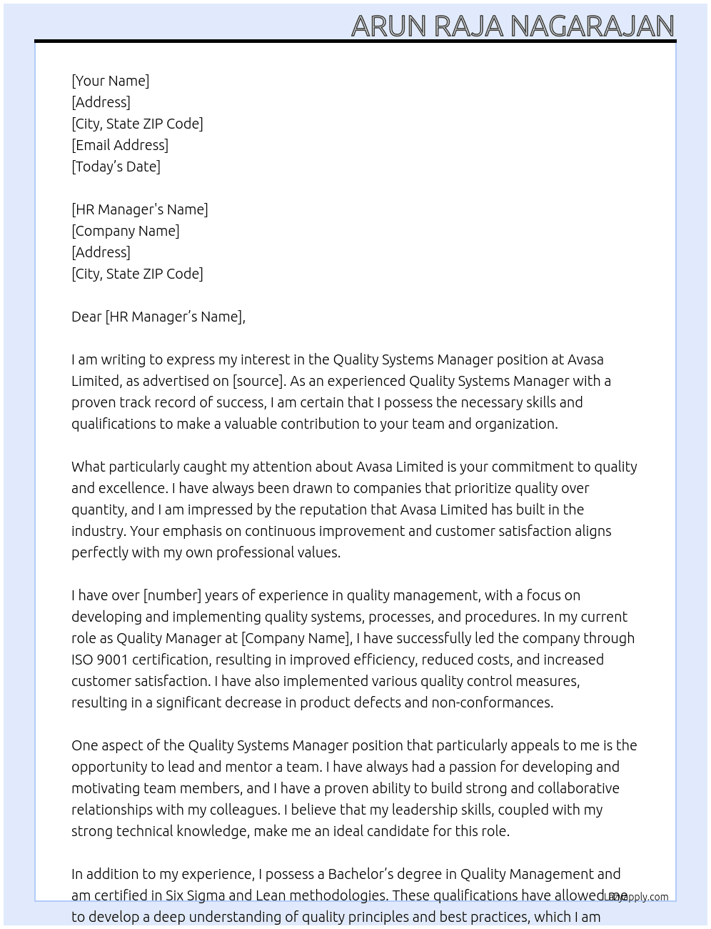 Quality Systems Manager At Avasa Limited Cover Letter