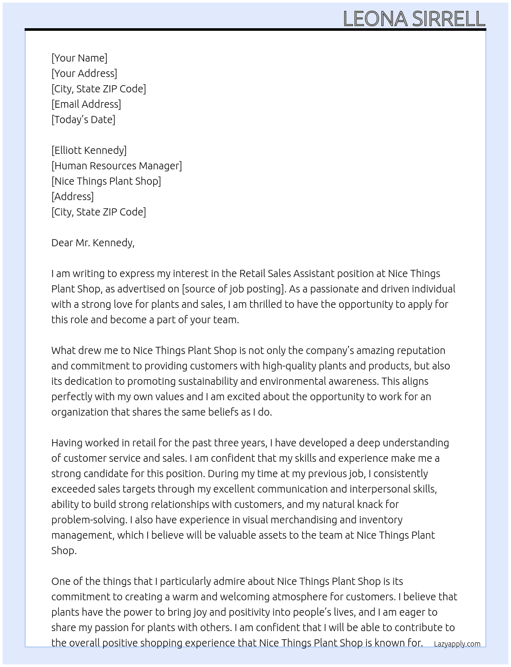 Retail Sales Assistant  At Nice Things Plant Shop Cover Letter