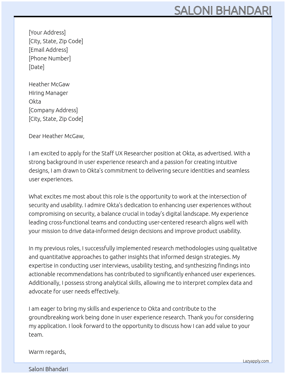 Staff UX Researcher At Okta Cover Letter