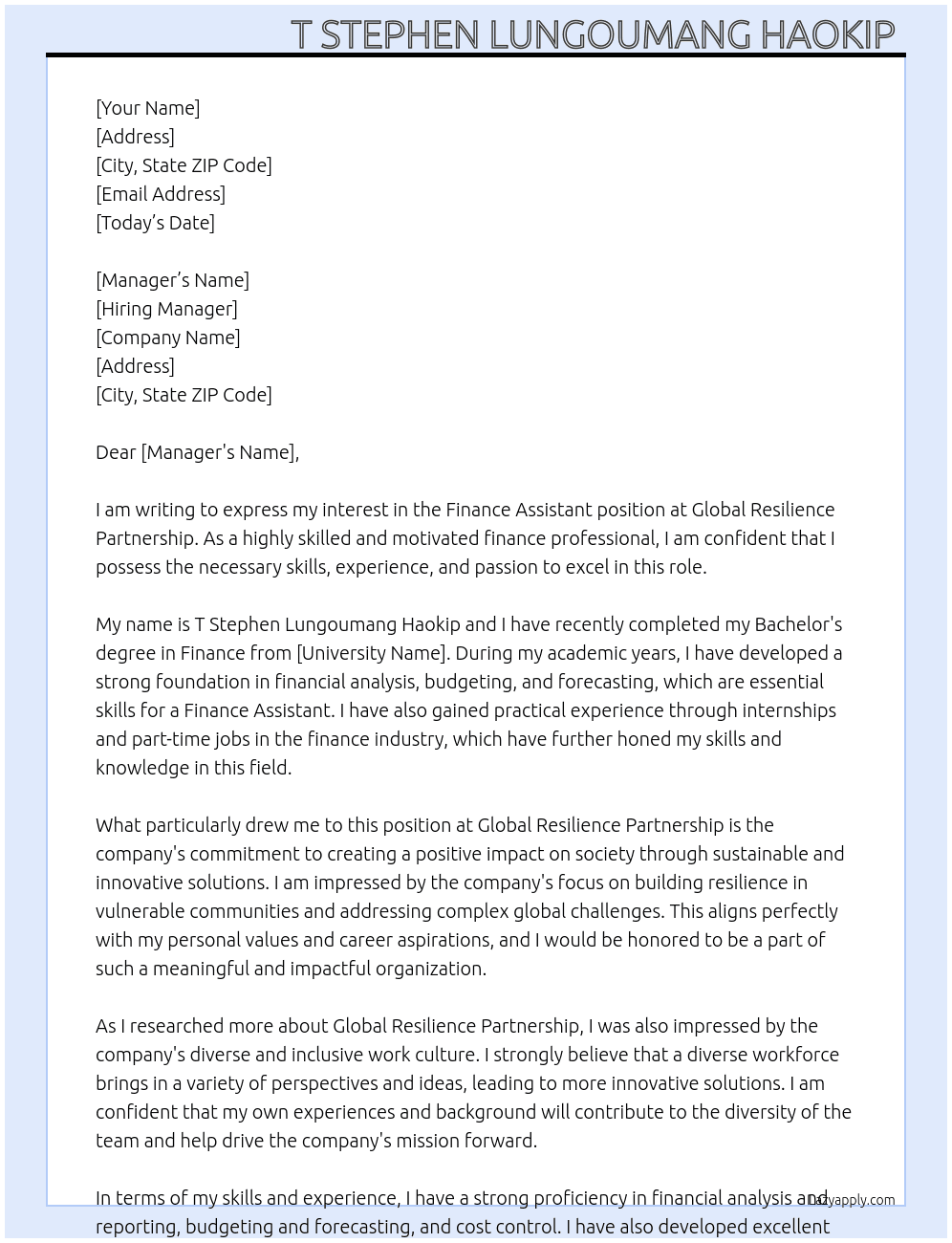 Finance Assistant At Global Resilience Partnership Cover Letter