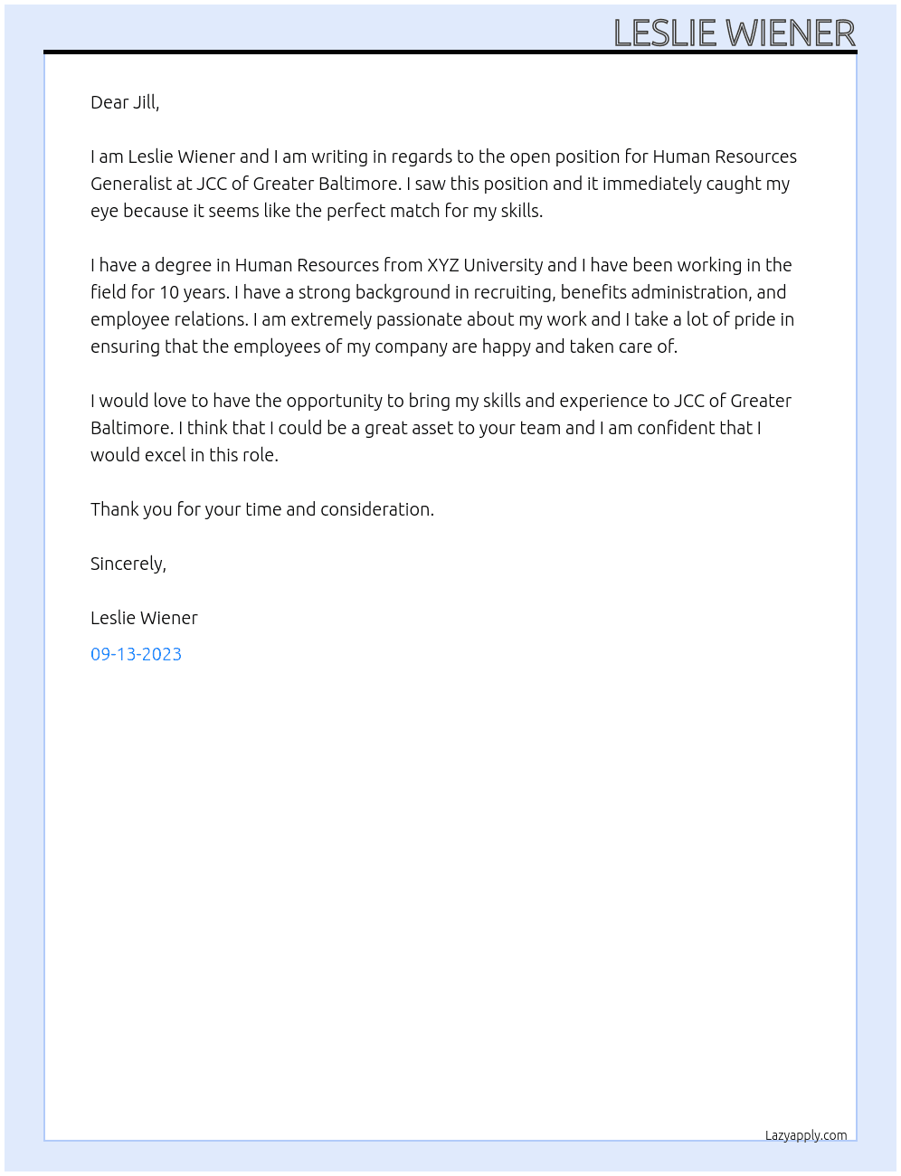 Human Resources Generalist At JCC of Greater Baltimore Cover Letter