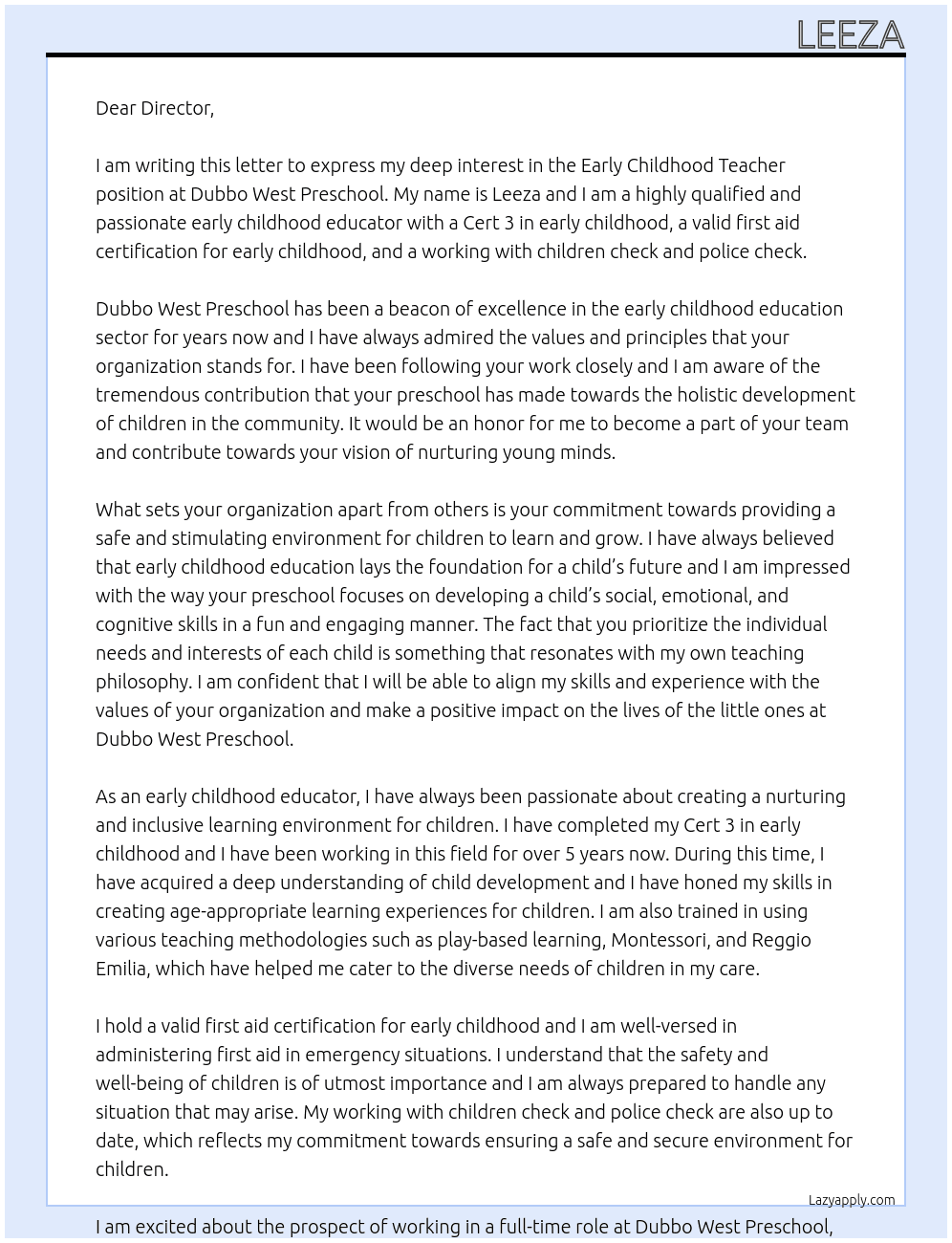 Early childhood teacher At Dubbo west preschool Cover Letter