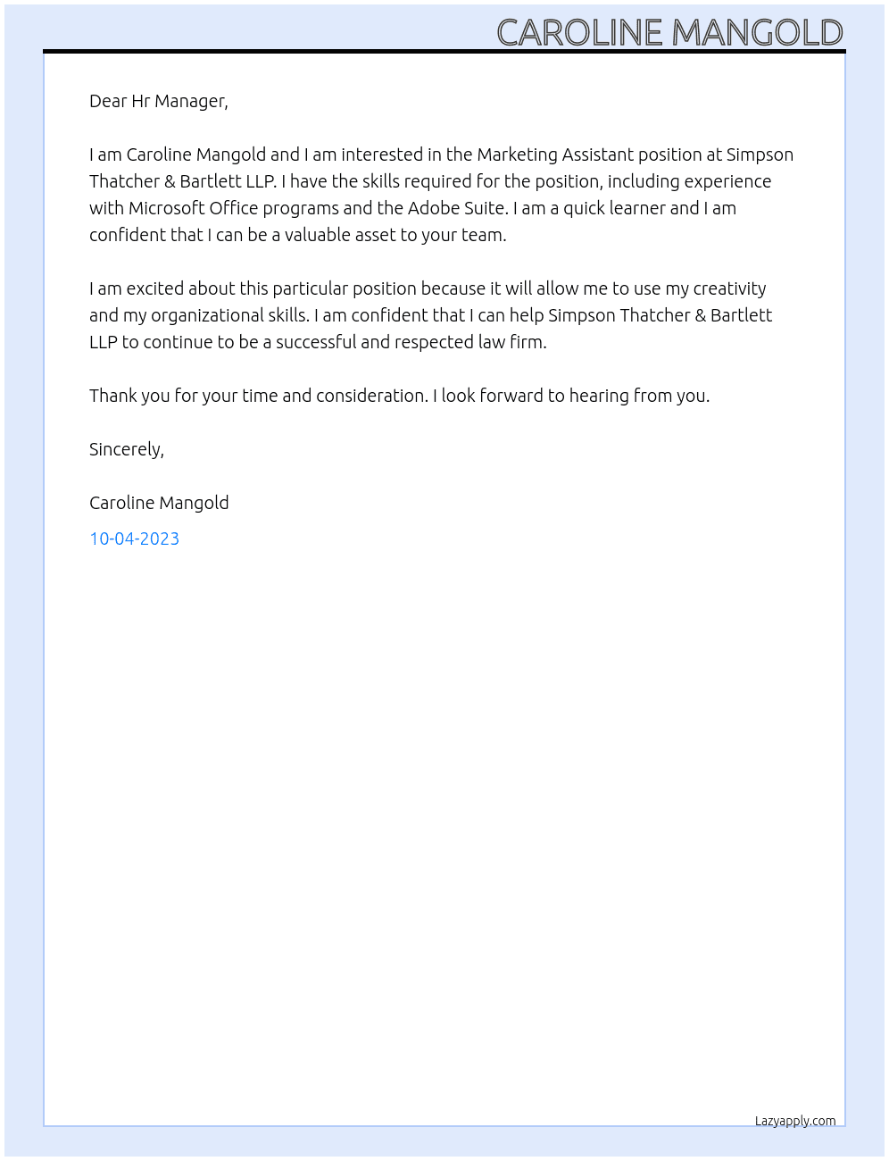 Marketing Assistant  At Simpson Thatcher & Bartlett LLP Cover Letter