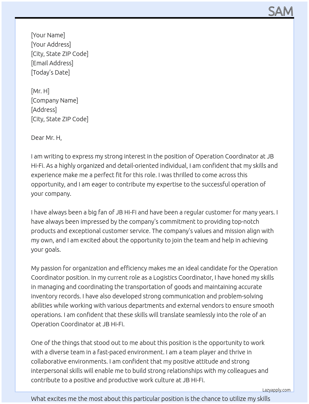 operation coordinator At jbhifi Cover Letter