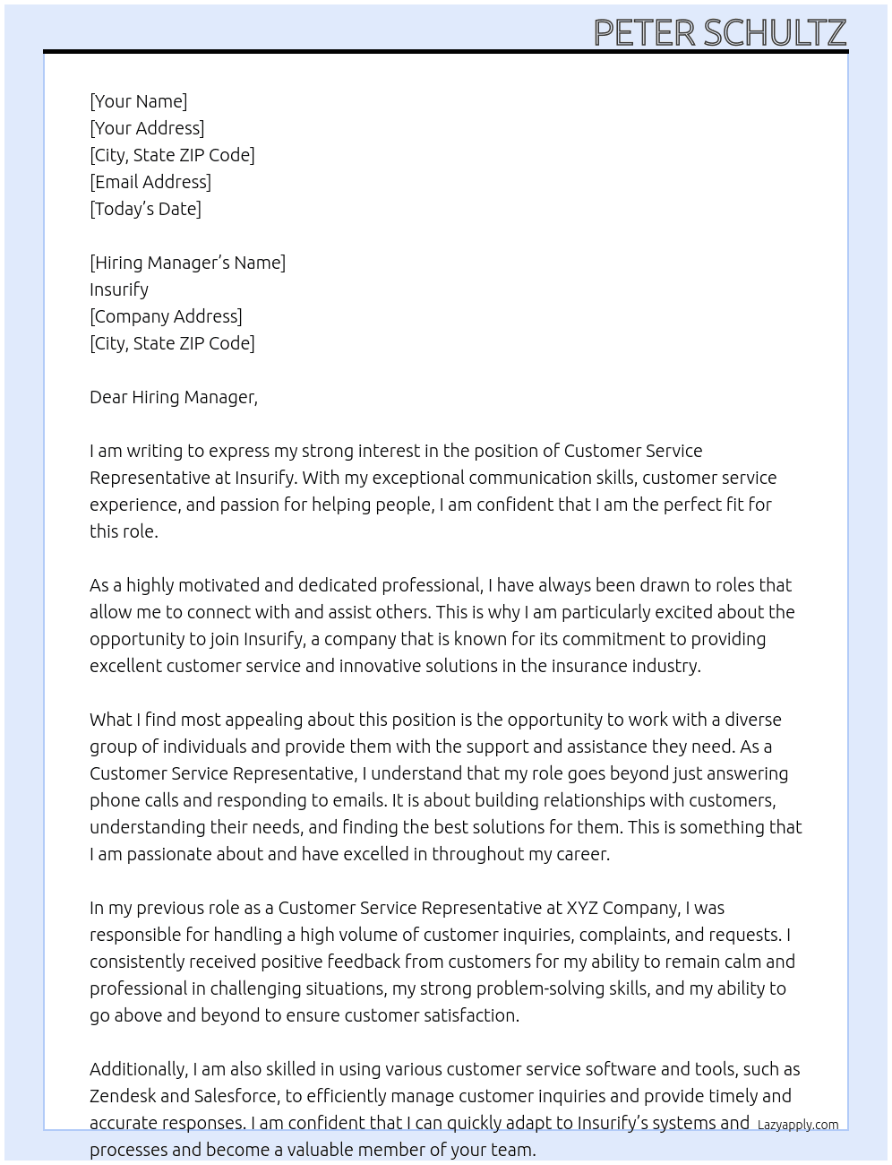 Customer Service Representative At Insurify Cover Letter