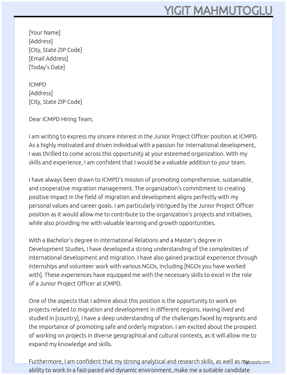 Junior Project Officer At ICMPD Cover Letter