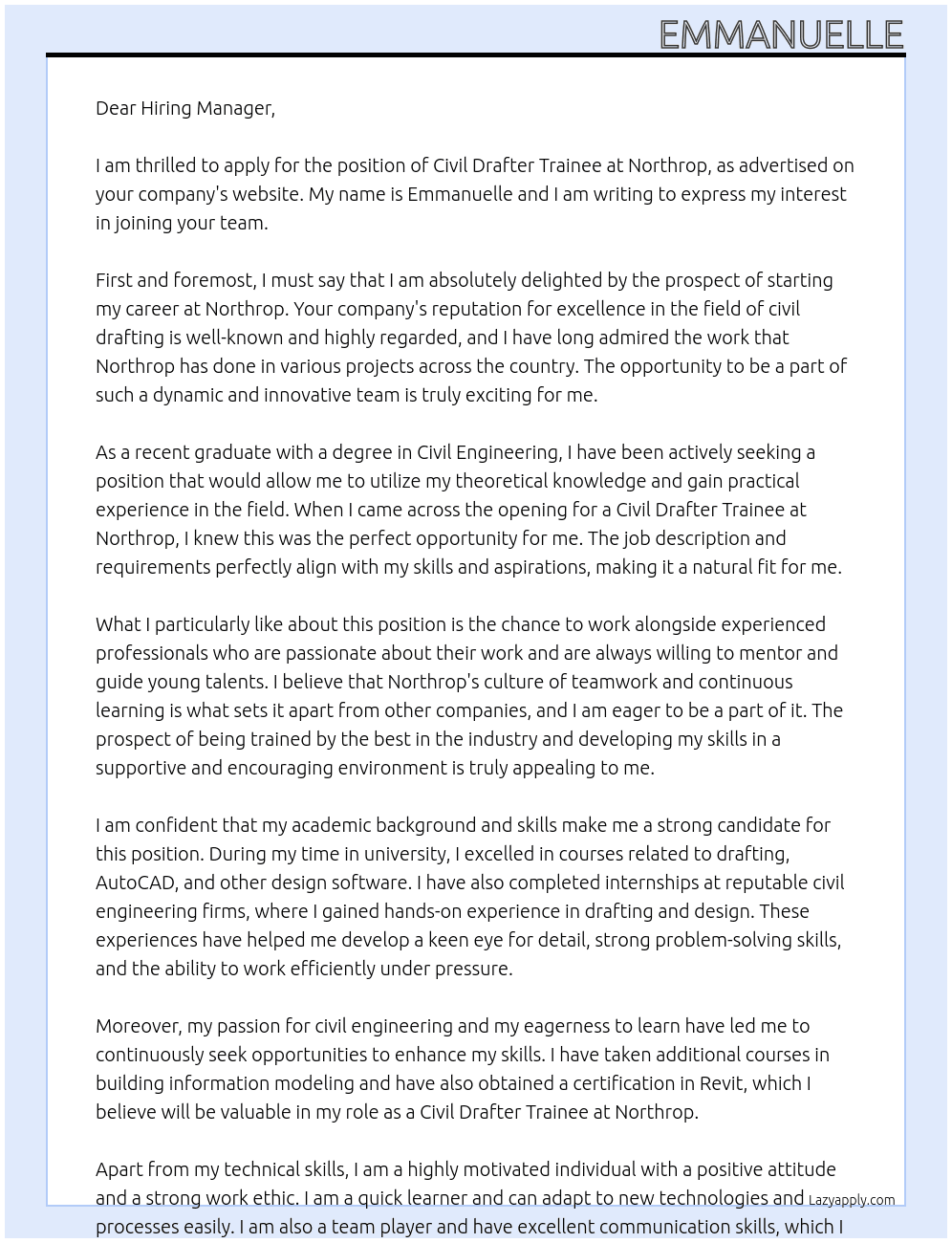 civil drafter trainee At northrop Cover Letter