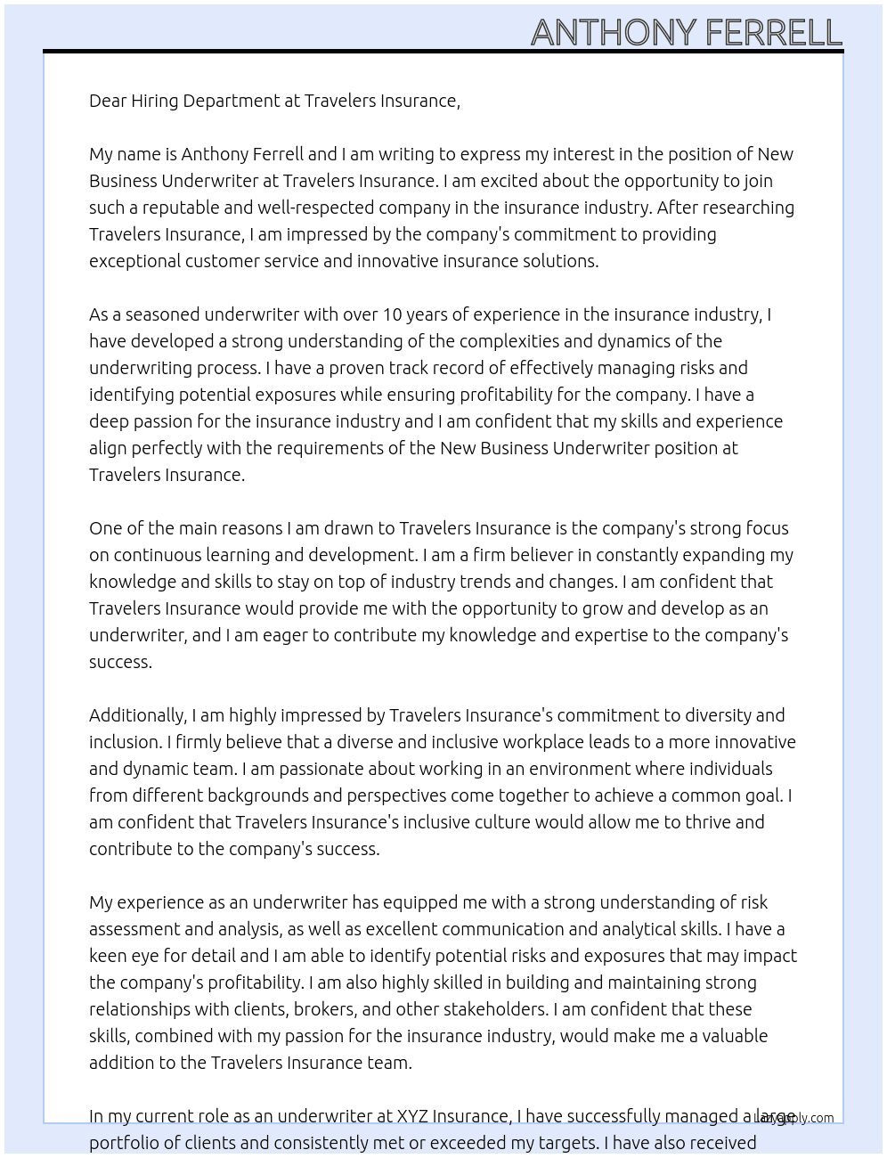New Business Underwriter At Travelers Insurance Cover Letter