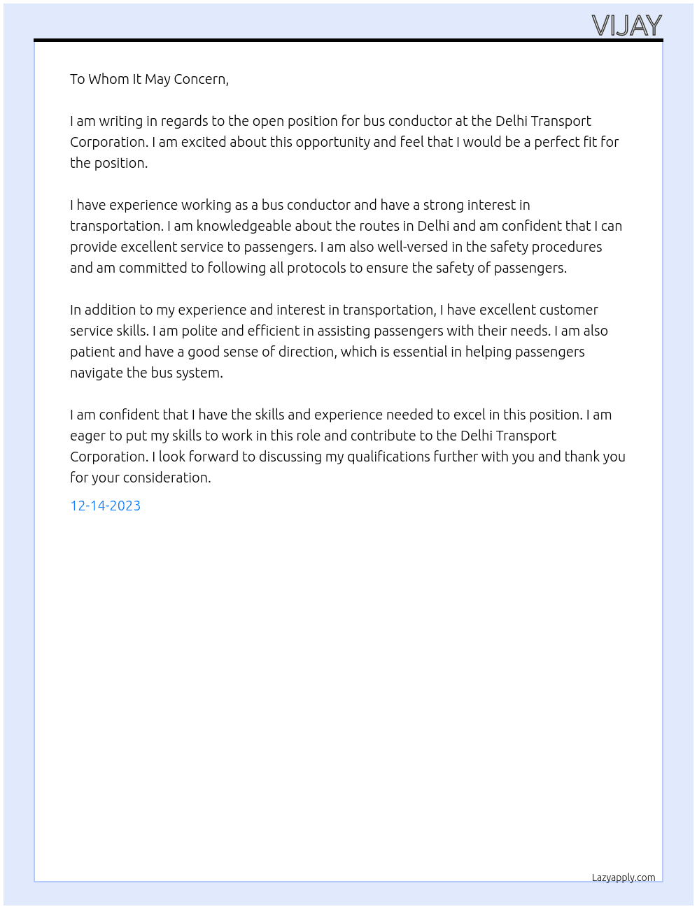 Bus Conductor  At Delhi Transport Corporation  Cover Letter