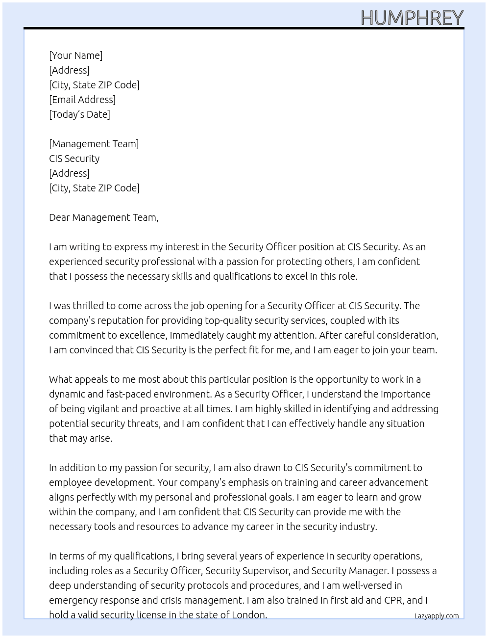 Security Officer At CIS Security Cover Letter