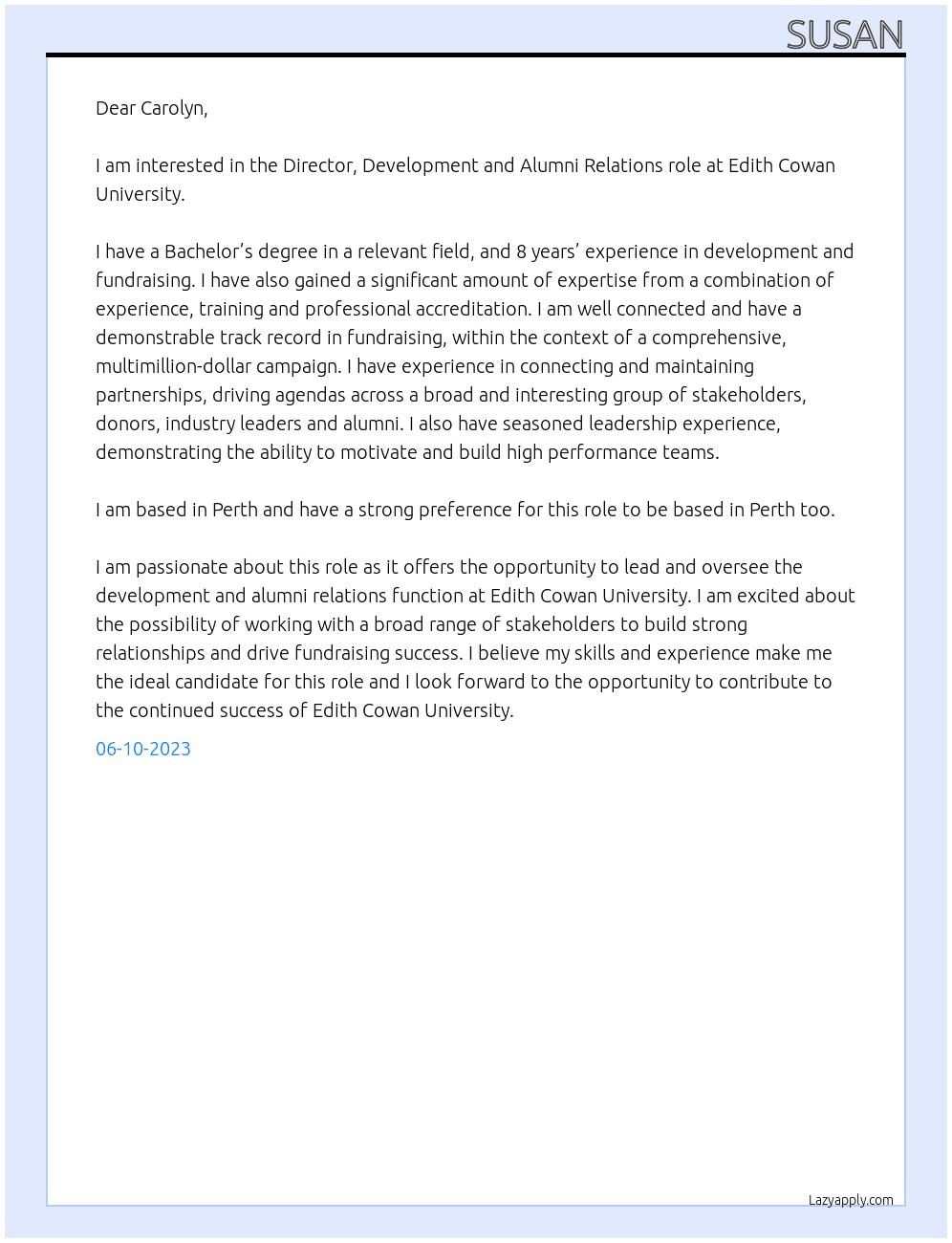 Director, Development and Alumni Relations At Edith Cowan University Cover Letter