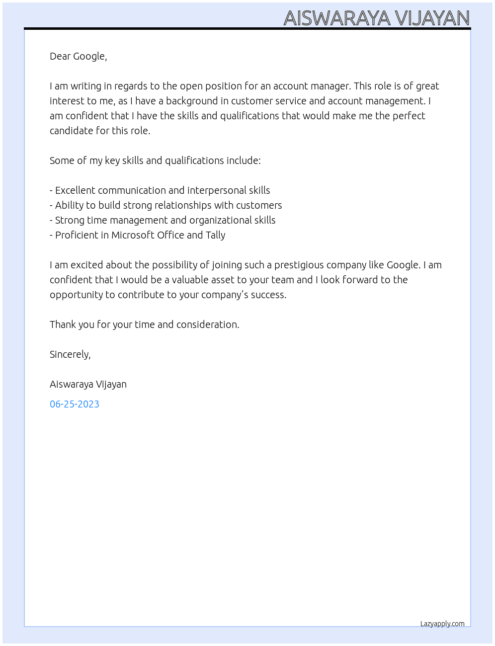 Account Management At Google Cover Letter