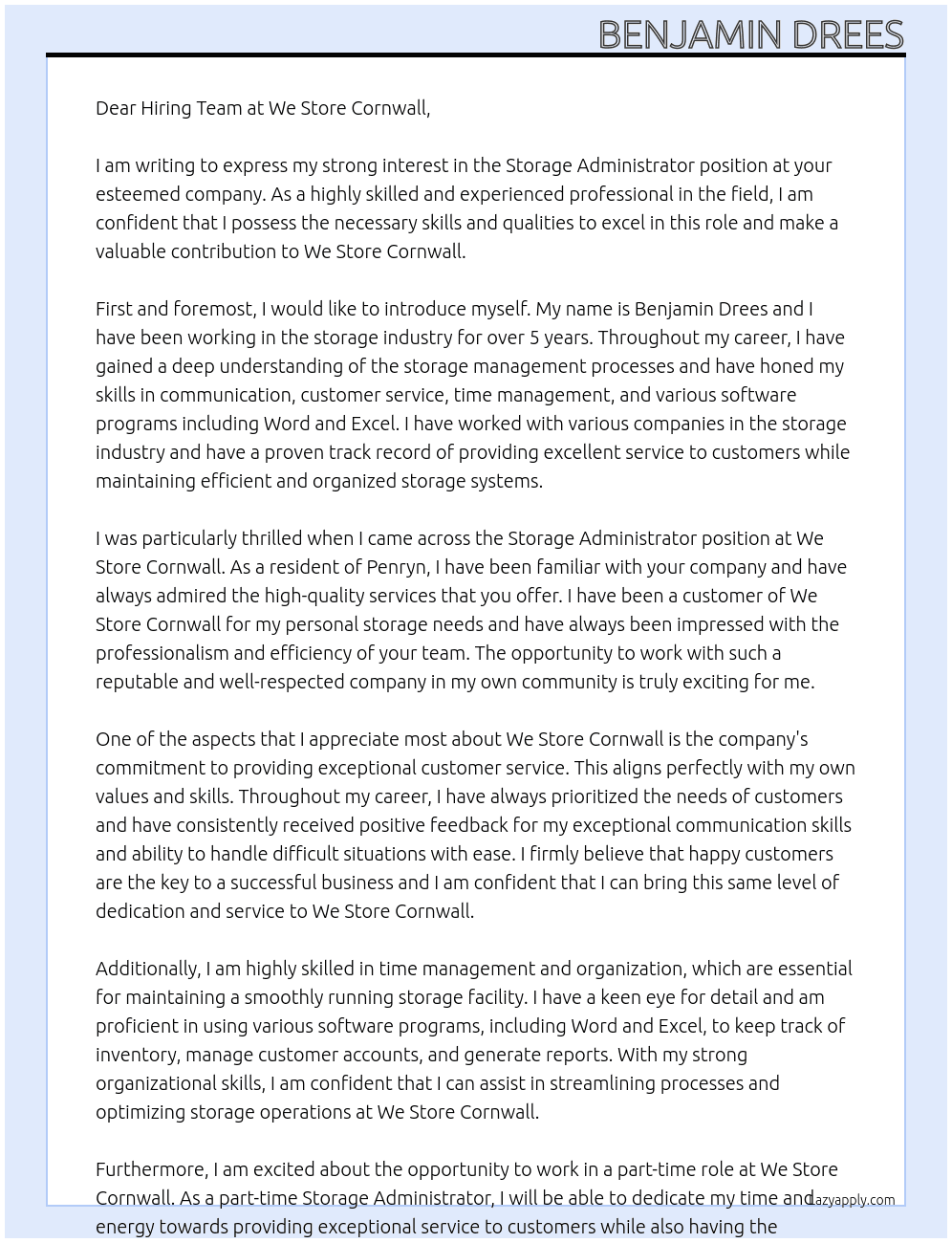 Storage Administrator At We Store Cornwall Cover Letter