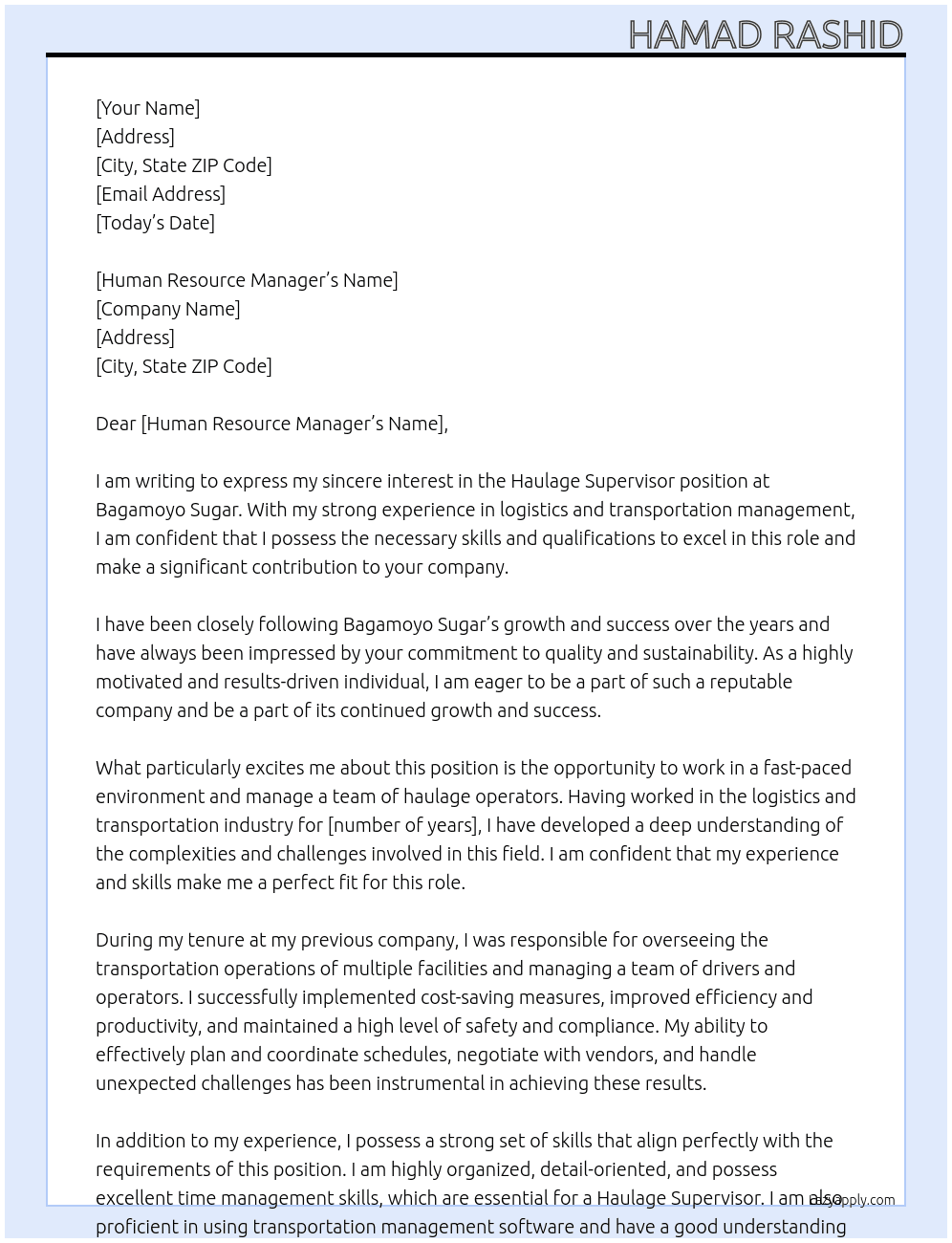 HAULAGE SUPERVISOR At BAGAMOYO SUGAR Cover Letter