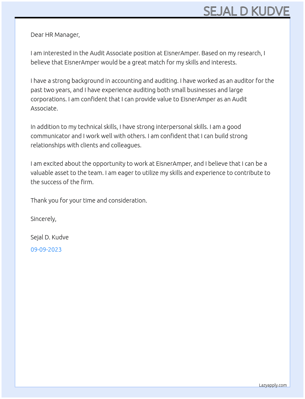 Audit Associate  At EisnerAmper Cover Letter