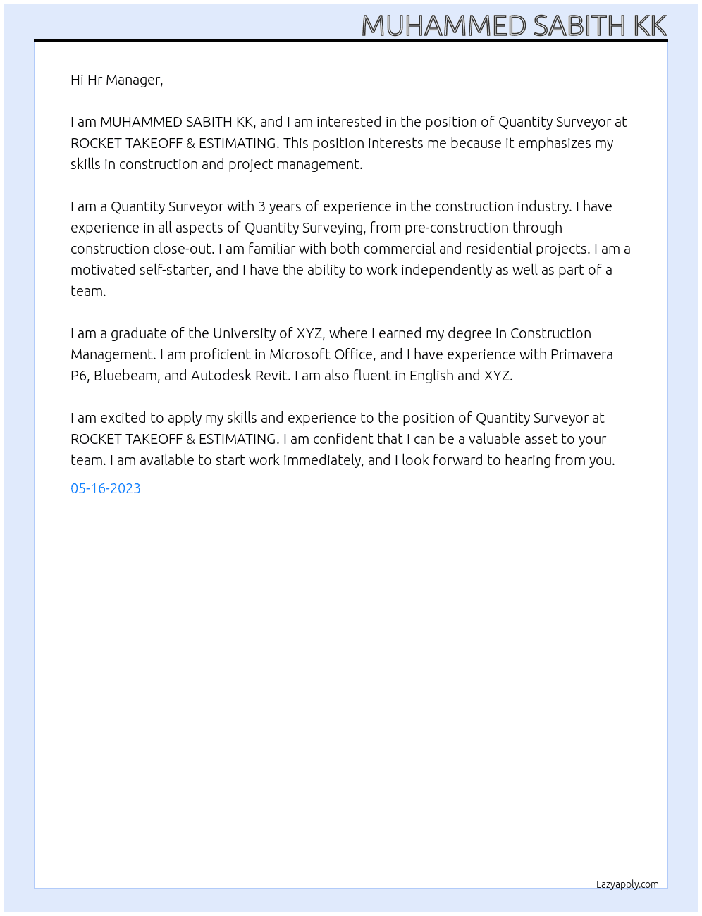 Quantity Surveyor At ROCKET TAKEOFF & ESTIMATING Cover Letter