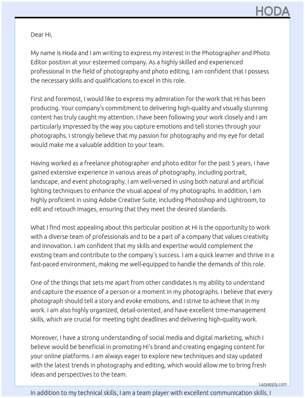 Photographer and photo editor At Hi Cover Letter