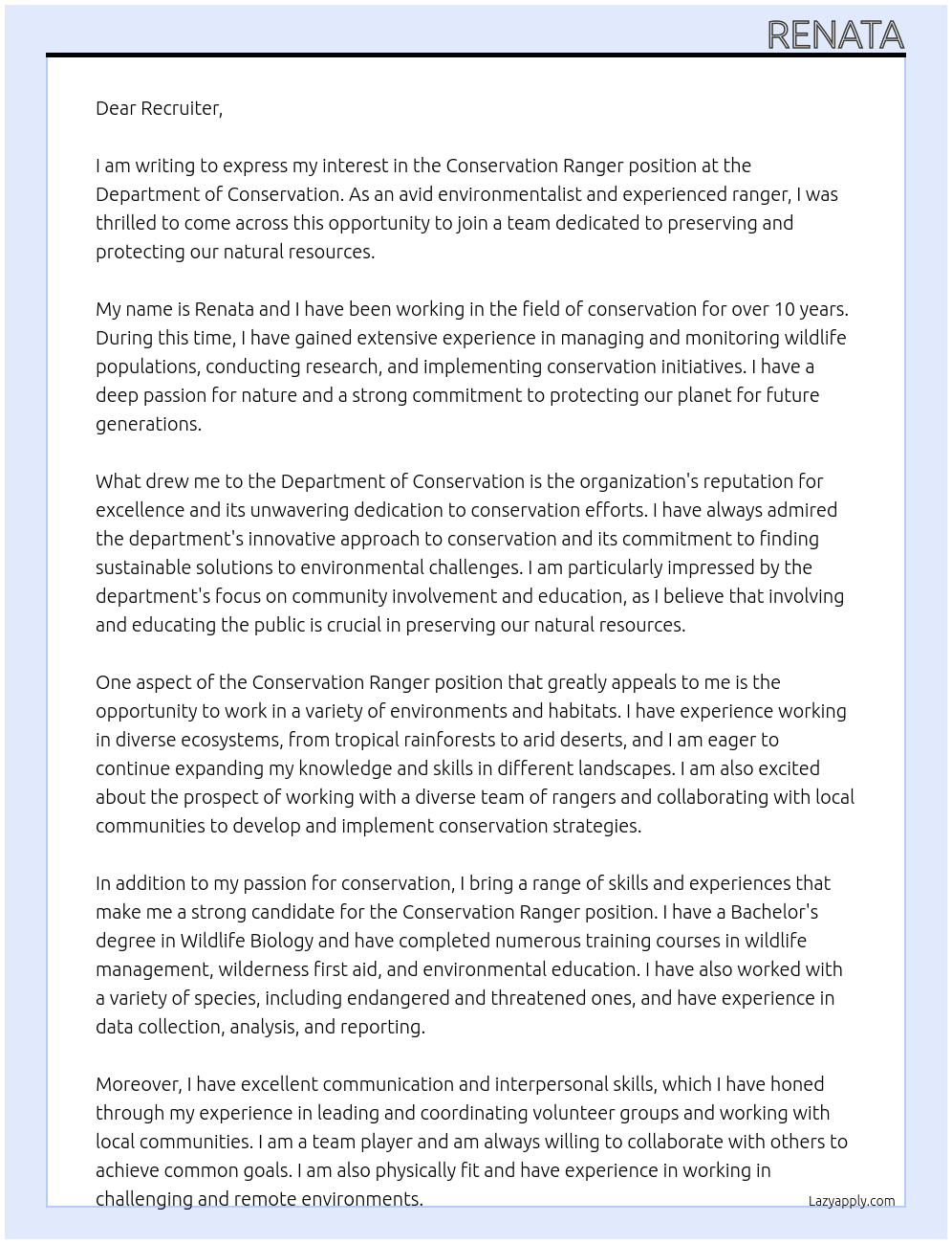 Conservation ranger At Department of Conservation Cover Letter