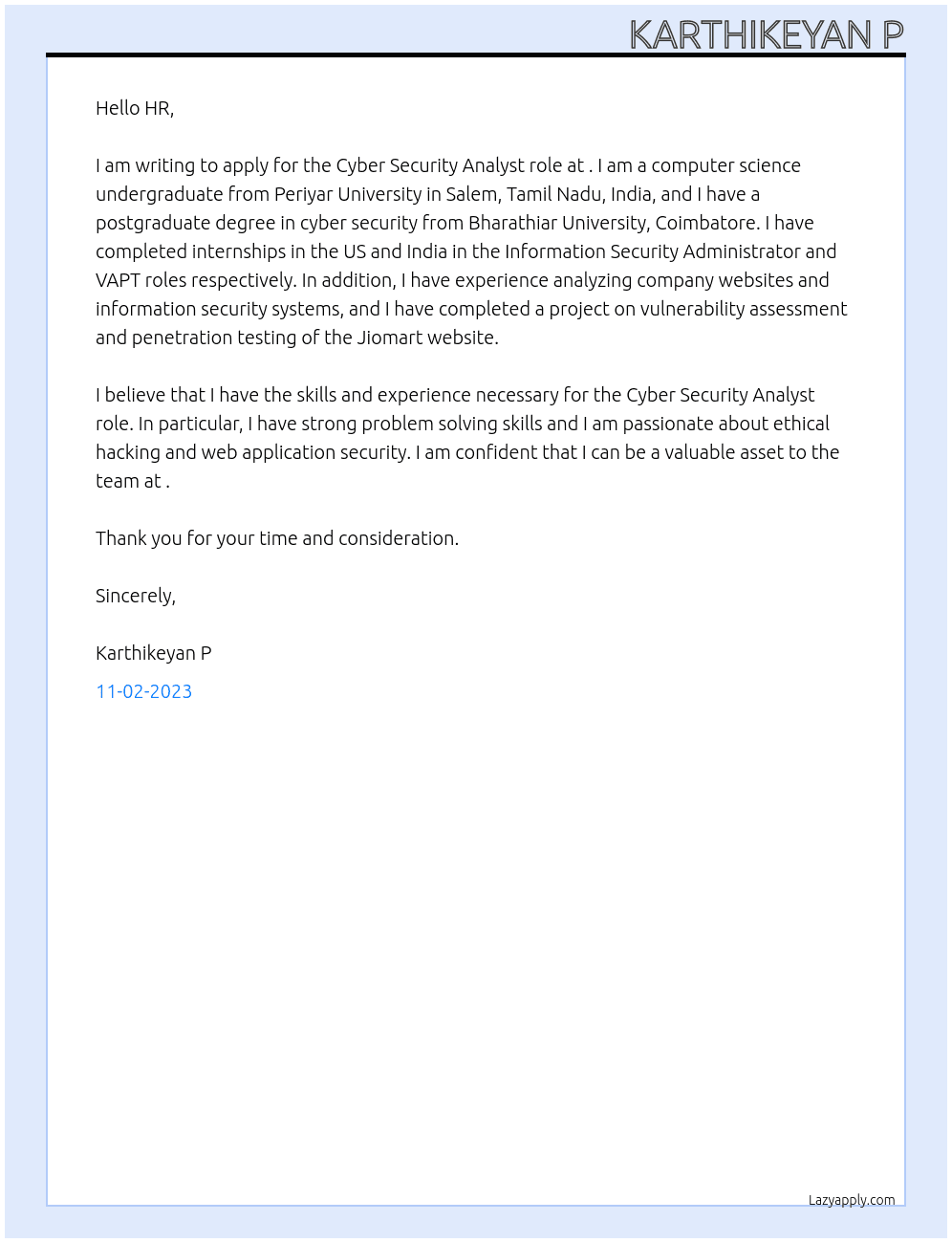 Cyber Security Analyst At . Cover Letter