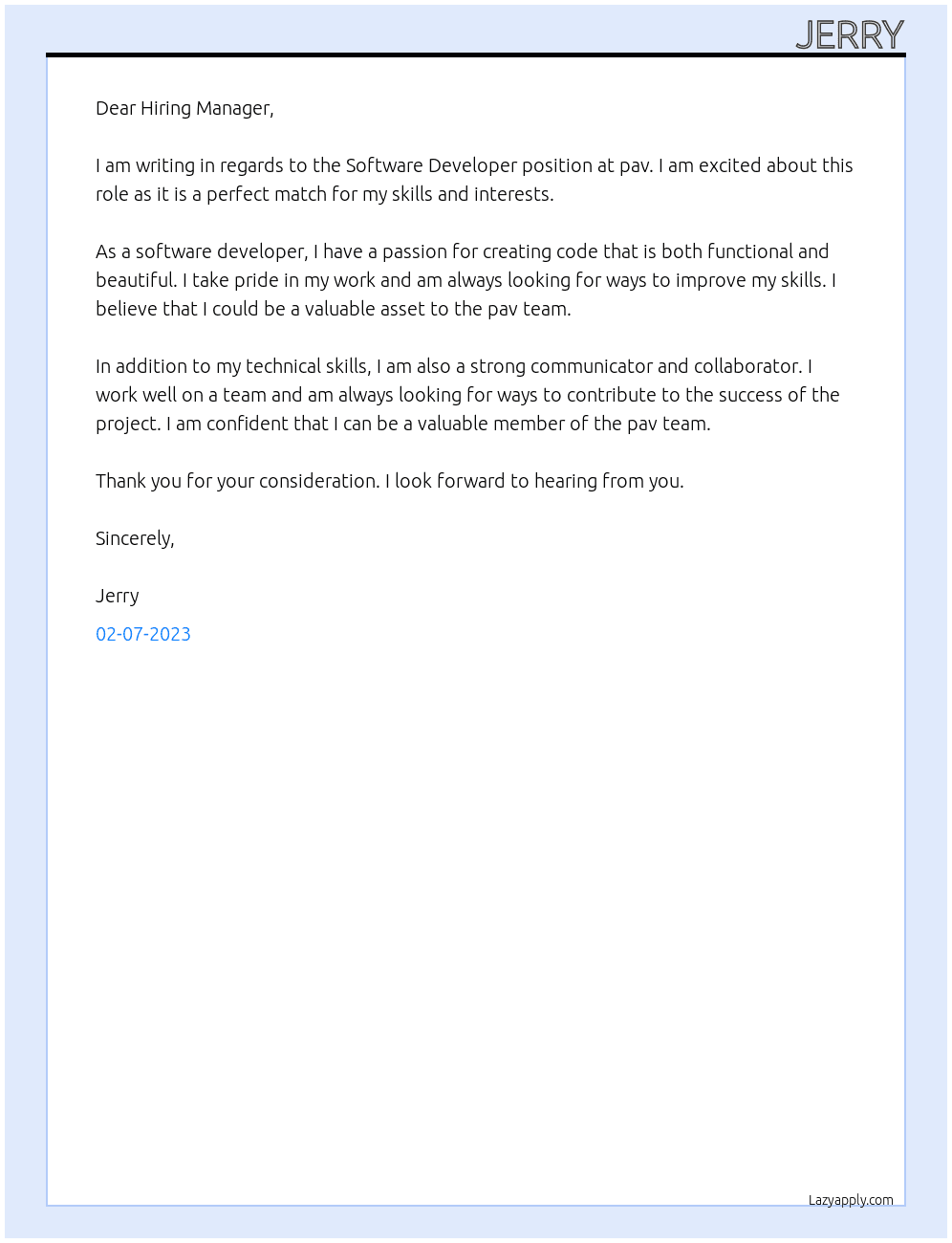 Software Developer At pav Cover Letter