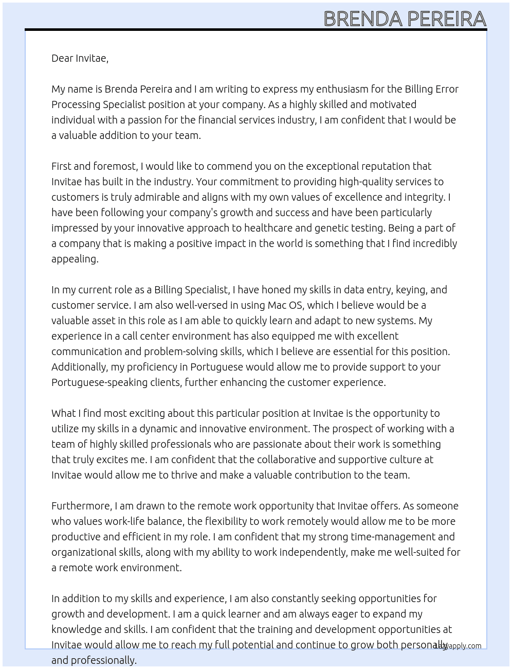 Billing Error processing specialist At Invitae Cover Letter