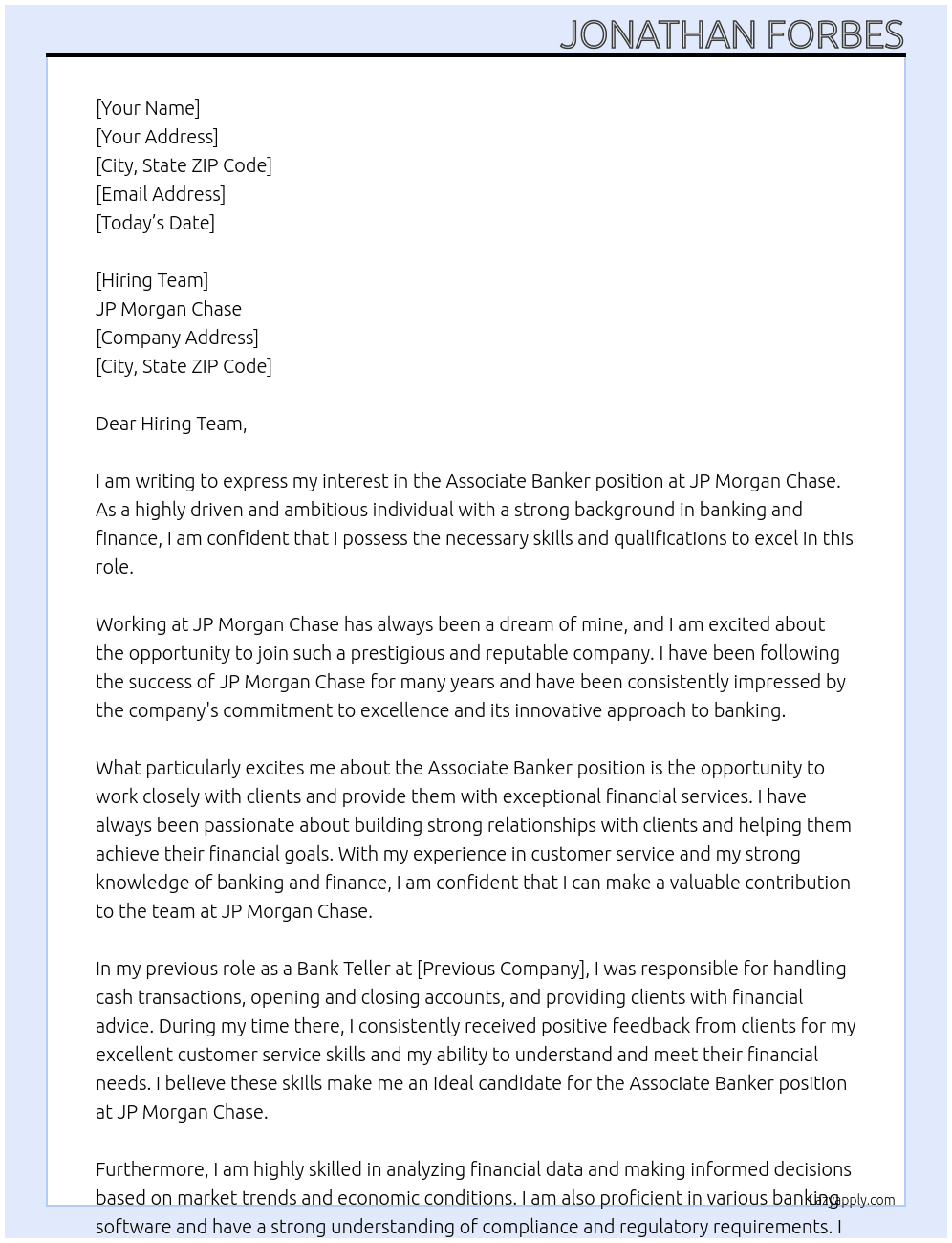 Cover letter for associate banker - LazyApply