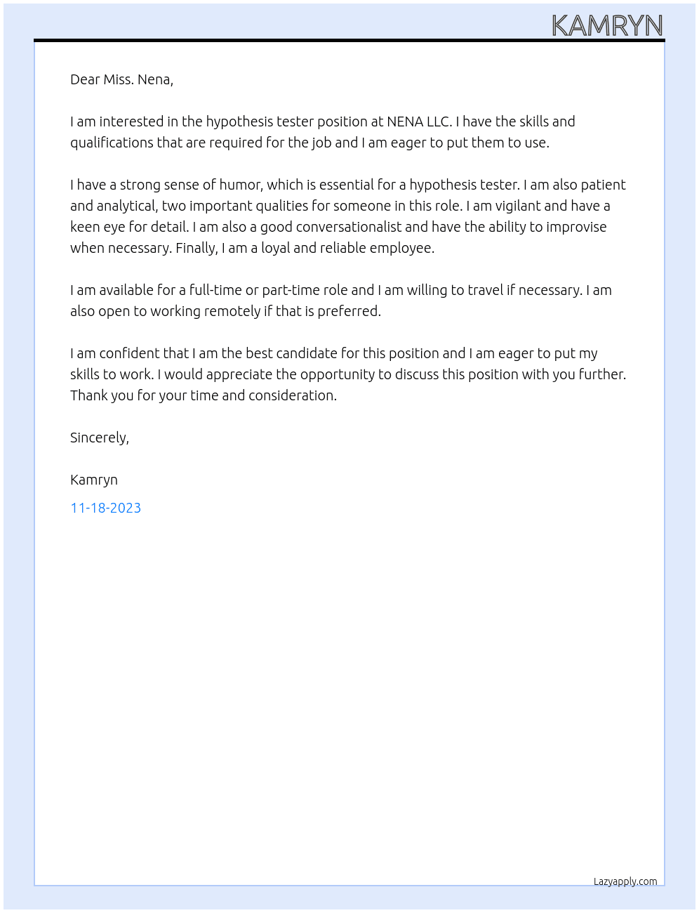 Hypothesis Tester At NENA LLC. Cover Letter