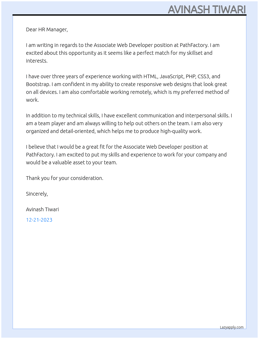 Associate Web Developer At PathFactory Cover Letter