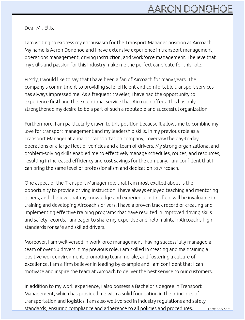 Transport Manager At Aircoach Cover Letter